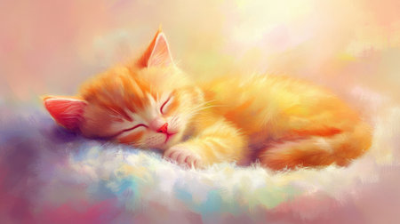This enchanting image features a sleeping orange tabby cat nestled on a fluffy blanket. The soft pastel colors create a serene atmosphere, perfect for evoking feelings of warmth and tranquility.の素材