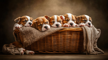 A charming scene featuring five adorable puppies peacefully sleeping in a woven basket, surrounded by a soft blanket. This heartwarming image captures the essence of innocence and companionship, perfect for pet lovers and warm-hearted moments.の素材