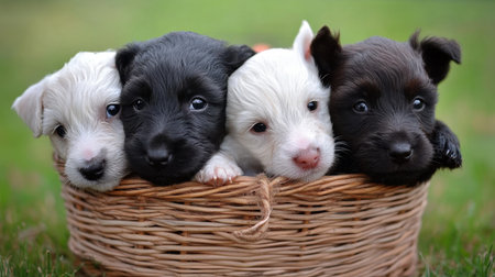 A heartwarming scene featuring four adorable puppies nestled together in a wicker basket. Their soft fur and playful expressions create an endearing image perfect for pet lovers.の素材