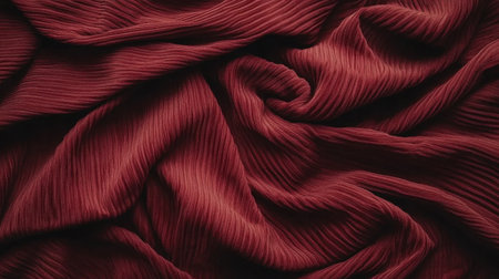 A stunning close-up view of rich red pleated fabric showcasing soft waves and intricate folds, perfect for fashion, interior decor, and artistic backgrounds.の素材