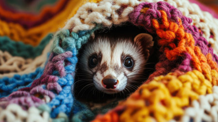 A charming ferret peeks out from beneath a vibrant, colorful blanket, embodying a moment of warmth and coziness in a bright home setting.の素材