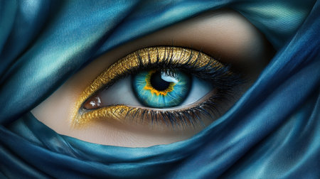 This stunning close-up captures a mesmerizing eye with bright blue and gold tones, elegantly framed by soft blue fabric, creating an artistic and captivating composition.の素材