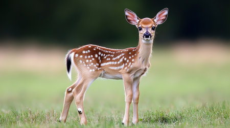 A young white-tailed deer fawn gracefully stands in a lush green meadow, showcasing its natural beauty and innocence against a softly blurred background.の素材