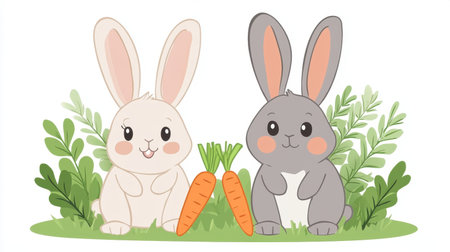 This charming illustration features two cute rabbits, one white and one gray, happily sitting with fresh carrots in a lush green setting, perfect for various design projects.の素材