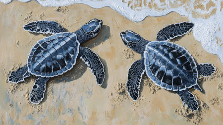 This artwork captures two sea turtles moving across a sandy beach towards the ocean waves, symbolizing marine life's journey and environmental conservation.の素材