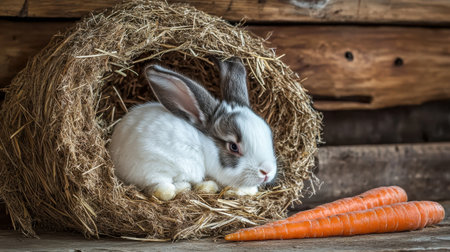 A charming white rabbit with gray ears rests comfortably in a rustic hay nest next to fresh orange carrots, capturing the essence of farm life.の素材