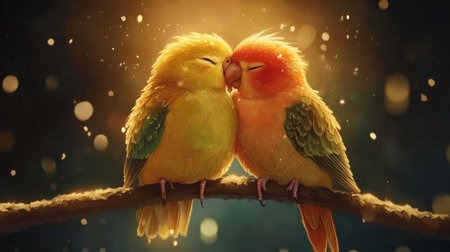 A stunning depiction of two colorful lovebirds sharing a tender moment, nestled together on a branch, illuminated by soft, sparkling light, capturing an essence of romance and joy.の素材