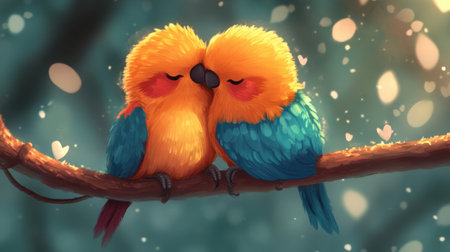 This enchanting illustration depicts two vibrant birds sharing a tender moment on a branch, surrounded by soft hearts and a magical forest backdrop.の素材
