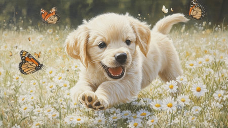A playful golden retriever puppy joyfully runs through a sunny meadow, surrounded by vibrant wildflowers and fluttering butterflies, capturing the essence of childhood innocence.の素材