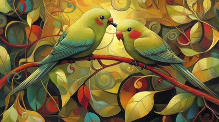 This stunning artwork features two colorful parrots perched on a branch, surrounded by vibrant foliage. The rich colors and abstract background create a dreamy atmosphere, ideal for nature lovers and art enthusiasts.の素材