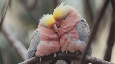 Two charming pink birds display affection as they cuddle on a branch, capturing a serene moment of love and companionship in nature.の素材