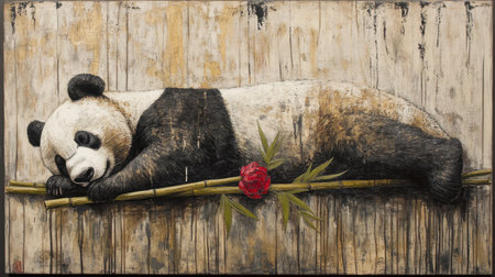 A charming depiction of a sleepy giant panda lying on a bamboo branch, complemented by a beautiful red rose, showcasing tranquility and natural beauty.の素材