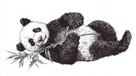 This artistic illustration captures a playful giant panda lying on its back, holding bamboo, showcasing the charm and cuteness of wildlife. Ideal for nature themes.の素材