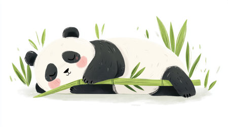 This charming illustration features a cute sleeping panda resting on bamboo. Perfect for nature lovers, children's books, or adorable animal themes, it captures serenity and innocence in a whimsical style.の素材
