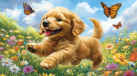 A joyful golden puppy joyfully runs through a vibrant flower field under a sunny sky, surrounded by butterflies, capturing pure happiness and carefree spirit.の素材