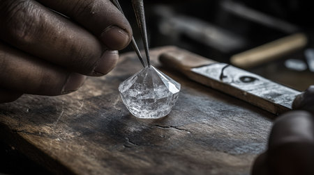A skilled artisan carefully shapes a clear gemstone using precision tools on a wooden surface, showcasing exceptional craftsmanship and attention to detail.の素材