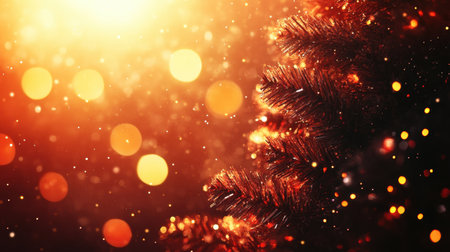 This enchanting image captures a close-up view of a Christmas tree adorned with warm golden bokeh lights, creating a magical festive ambiance. Soft snowflakes add to the serene winter atmosphere, perfect for holiday celebrations.の素材