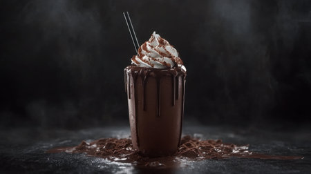 This stunning image features a creamy chocolate drink topped with luscious whipped cream, drizzled chocolate, and a dark background, creating a captivating atmosphere.の素材