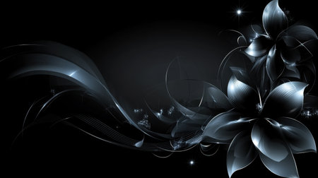 This stunning image features an elegant black background with an abstract floral design. Smooth curves and shiny elements create a modern, artistic atmosphere.の素材