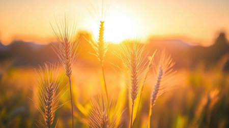 This stunning image showcases a golden wheat field bathed in the warm glow of sunrise, illustrating the peaceful harmony of nature, growth, and agricultural beauty.の素材