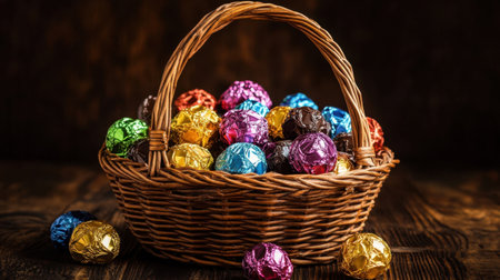 A beautifully woven basket filled with an array of colorful foil-wrapped chocolate eggs, perfect for festive occasions and sweet celebrations.の素材