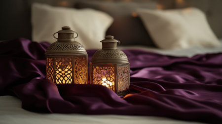 Two ornate lanterns emit a warm glow on rich fabric in a beautifully styled bedroom, creating a peaceful and inviting atmosphere perfect for relaxation.の素材