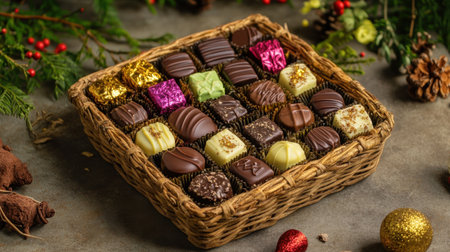 This image features an elegant basket filled with assorted gourmet chocolates in vibrant wrappers, perfect for holiday celebrations and gifting.の素材