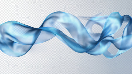 A captivating light blue fabric ribbon flows gracefully across a transparent background, embodying elegance and softness with a soothing aesthetic.の素材