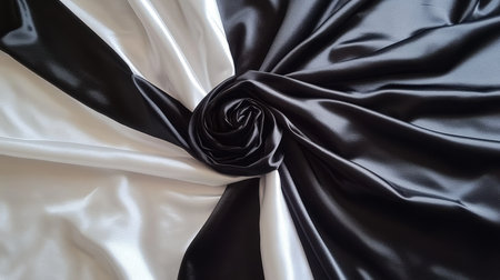This close-up image showcases an elegant swirl of black and white satin fabric, perfect for illustrating concepts of luxury, style, and modern design projects.の素材