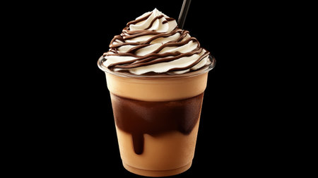A tempting dessert beverage featuring a creamy topping and a rich chocolate drizzle, set against a sleek dark background for a striking visual effect.の素材