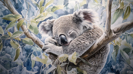 A beautiful depiction of a koala peacefully sleeping on a tree branch amidst lush green leaves, capturing the tranquility of nature in an artistic style.の素材