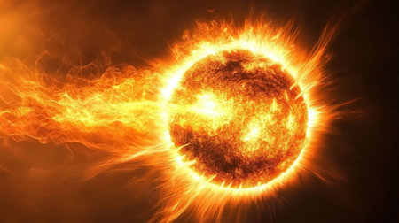 This striking image captures a vibrant solar burst emitting intense flames and energy in a cosmic environment, showcasing the beauty of celestial phenomena.の素材