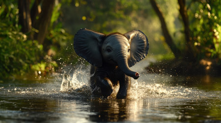 A delightful baby elephant joyfully splashes through a serene river, surrounded by lush greenery, capturing the essence of wildlife beauty in a peaceful setting.の素材