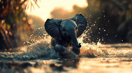 A young elephant joyfully splashes through the water, surrounded by lush greenery in a stunning golden hour setting, capturing the essence of wildlife.の素材