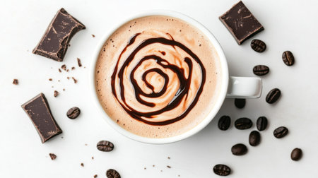 A warm cup of coffee is beautifully decorated with chocolate swirl, surrounded by coffee beans and chocolate pieces, ideal for cozy moments.の素材