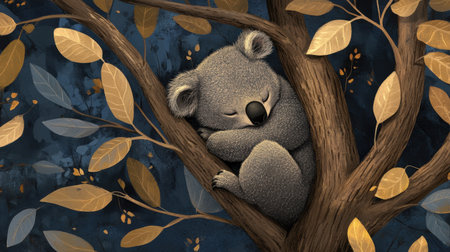 A charming illustration of a koala peacefully sleeping on a tree branch, surrounded by autumn leaves. The dark background enhances the serene and cozy atmosphere.の素材