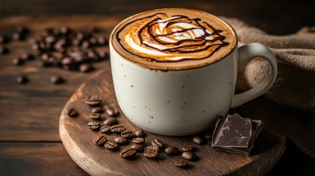 A cozy scene featuring a warm cup of coffee with a delicate foam design on top, accompanied by chocolate pieces and scattered coffee beans on a rustic wooden table.の素材