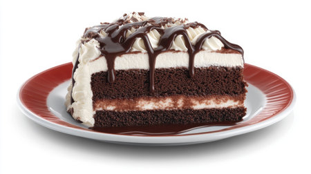 A tempting slice of rich chocolate cake topped with creamy frosting and drizzled with chocolate sauce, served on a red plate. Perfect for dessert lovers!の素材