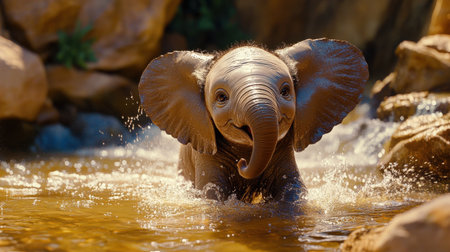 A playful baby elephant enjoys a refreshing splash in a calm water pool, surrounded by beautiful natural scenery, radiating pure joy and innocence.の素材