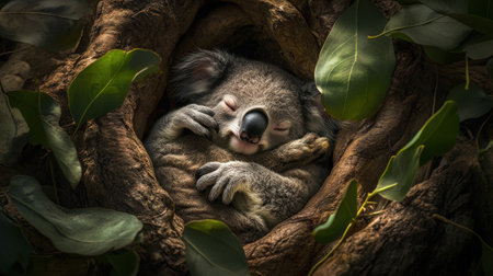 A charming koala sleeps peacefully in a tree hollow, surrounded by lush green eucalyptus leaves, embodying the serenity of wildlife and nature.の素材