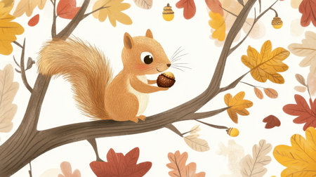 This whimsical illustration features a cute cartoon squirrel holding an acorn while perched on a branch surrounded by vibrant autumn leaves.の素材