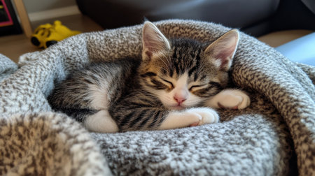 An adorable kitten sleeping peacefully in a soft blanket, showcasing the beauty of pets and the comfort of home. A heartwarming scene of relaxation.の素材