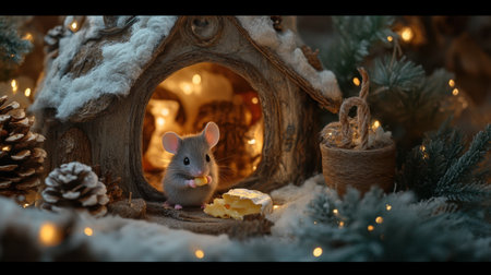 This charming image features a cute gray mouse savoring a piece of cheese outside a cozy, snow-covered cottage adorned with twinkling lights.の素材