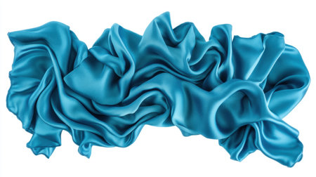 This stunning image showcases a smooth satin fabric in vibrant aqua blue, featuring beautiful creases and waves, ideal for fashion or design projects.の素材