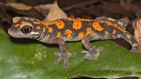 A stunning close-up of a vibrant gecko featuring striking orange and black spots resting on a lush green leaf, showcasing its unique patterns and texture.の素材
