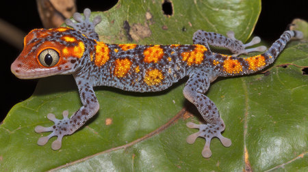 A striking vibrant gecko with colorful patterns rests gracefully on a green leaf, showcasing intricate details and unique coloration in its natural habitat.の素材