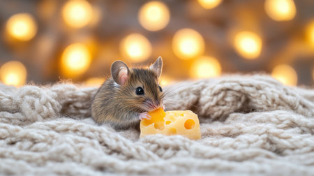A charming scene featuring a small mouse nibbling on cheese while resting on a soft, knitted blanket. The warm light bokeh creates a cozy backdrop perfect for nature lovers.の素材