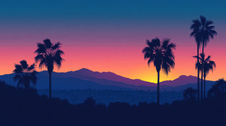 A stunning sunset scene displays silhouettes of palm trees against a backdrop of majestic mountains. The vibrant colors of the sky transition beautifully from deep blue to rich orange, evoking a sense of tranquility and calm. Perfect for showcasing the beauty of nature.の素材