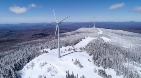 Captivating aerial view showcasing a solitary wind turbine on a snowy mountain landscape, surrounded by a dense forest under a brilliant blue sky.の素材