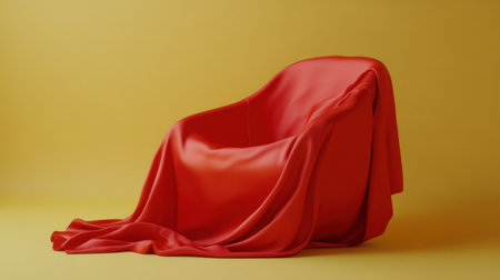 A vibrant red modern chair elegantly draped with smooth fabric, set against a warm yellow background, creates an inviting and stylish atmosphere.の素材